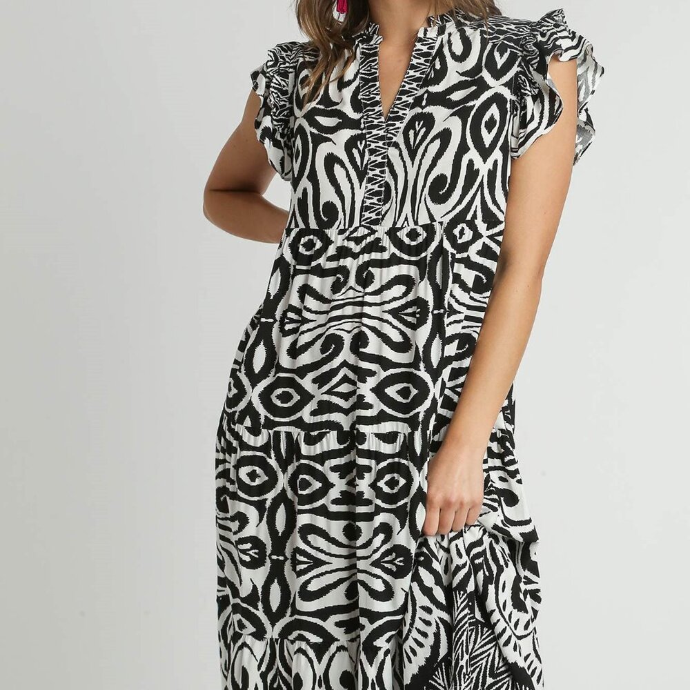 Umgee Full Size Two Tone Border Print Ruffle Cap Sleeve Midi Dress Plus Size 🛍️ - Picture 2 of 6